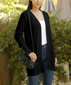 Lily | Black Button-Sleeve Open Cardigan - Women