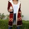 Lily | Red & Cream Geometric Fleece Hooded Longline Button-Up Jacket - Women