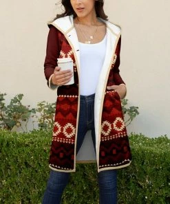 Lily | Red & Cream Geometric Fleece Hooded Longline Button-Up Jacket - Women