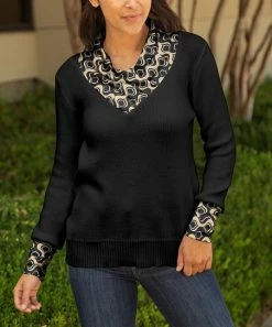 Lily | Black & Beige Abstract Contrast Cowl Neck Sweater - Plus