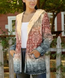 Lily | Rust & Beige Mandala Velvet Pocket Hooded Open Cardigan - Women & Plus