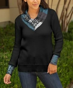 Lily | Black & Blue Abstract Contrast Cowl Neck Sweater - Women & Plus