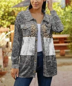 Lily | Gray & Brown Leopard Color Block Velvet Button-Up Shacket - Women