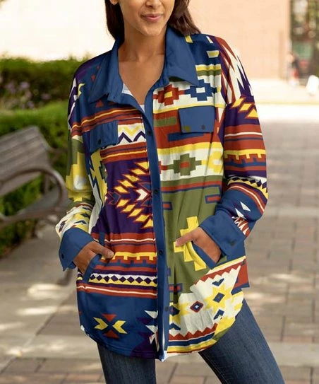 Lily | Green & Rust Geometric Slip-Pocket Shacket - Women 1 Lily | Green & Rust Geometric Slip-Pocket Shacket - Women