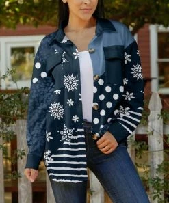 Lily | Navy & White Patchwork Floral Oversize-Pocket Shacket - Women