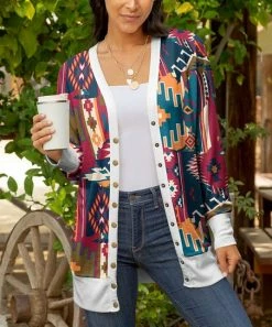 Lily | White & Fuchsia Geometric Snap-Button Longline Cardigan - Women