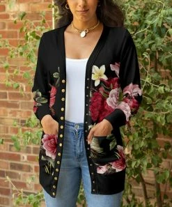 Lily | Black & Red Floral Pocket Snap-Button Cardigan - Plus