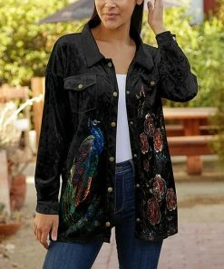 Lily | Black & Blue Peacock Floral Velvet Button-Up Shacket - Women