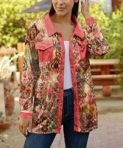 Lily | Orange & Pink Faded Arabesque Velvet Button-Up Shacket - Plus