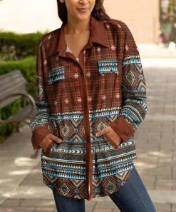 Lily | Brown & Blue Geometric Slip-Pocket Shacket - Women