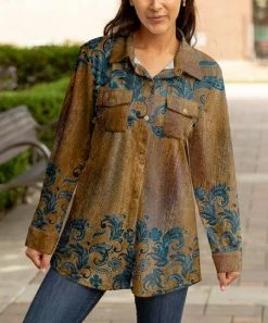 Lily | Brown & Teal Paisley Button-Up Shacket - Plus