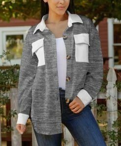 Lily | Gray & White Brushed Oversize-Pocket Shacket - Plus