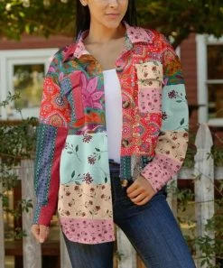 Lily | Pink & Blue Patchwork Floral Oversize-Pocket Shacket - Women