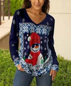 Lily | Blue & Red Snowman Long-Sleeve V-Neck Tunic - Plus
