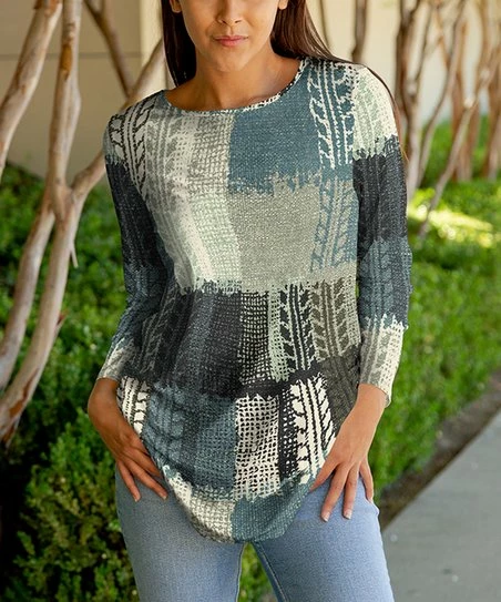 Lily | Blue & Cream Patchwork Boatneck Long-Sleeve Tunic - Women 1 Lily | Blue & Cream Patchwork Boatneck Long-Sleeve Tunic - Women