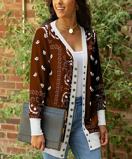 Lily | Brown & White Paisley Pocket Snap-Button Cardigan - Women 1 Lily | Brown & White Paisley Pocket Snap-Button Cardigan - Women