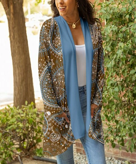 Lily | Brown & Blue Paisley Pocket Open Cardigan - Women 1 Lily | Brown & Blue Paisley Pocket Open Cardigan - Women