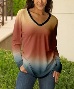 Lily | Rust & Navy Fade V-Neck Long-Sleeve Tunic - Plus