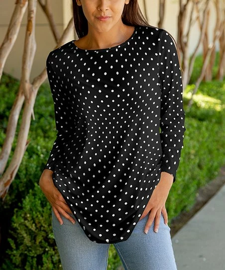 Lily | Black & White Polka Dot Boatneck Long-Sleeve Tunic - Women & Plus 1 Lily | Black & White Polka Dot Boatneck Long-Sleeve Tunic - Women & Plus