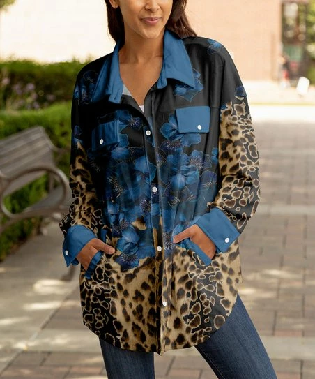Lily | Blue & Beige Floral Leopard Pocket Button-Up Shacket - Plus 1 Lily | Blue & Beige Floral Leopard Pocket Button-Up Shacket - Plus