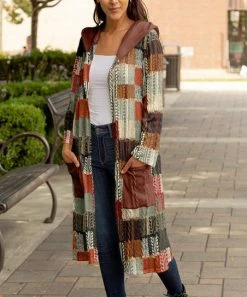 Lily | Red & Gray Patchwork Pocket Hooded Open Duster - Plus