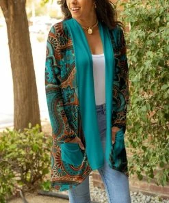 Lily | Brown & Teal Paisley Pocket Open Cardigan - Plus