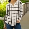 Lily | Cream & Black Windowpane Long-Sleeve Notch-Neck Top - Women