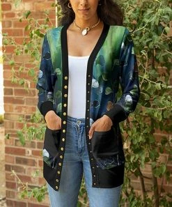 Lily | Blue & Green Abstract Pocket Snap-Up Cardigan - Plus