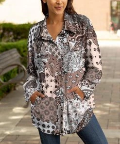 Lily | Beige & White Paisley Pocket Button-Up Shacket - Plus