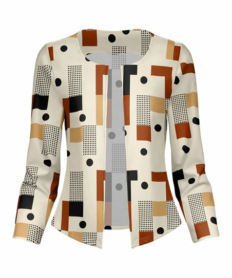 Lily | Beige & Brown Abstract Open Blazer - Women & Plus 1 Lily | Beige & Brown Abstract Open Blazer - Women & Plus