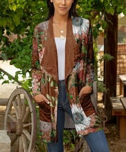 Lily | Brown & White Floral Velvet Pocket Open Cardigan - Plus
