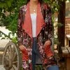 Lily | Brown & Coral Floral Velvet Pocket Open Cardigan - Plus