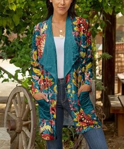 Lily | Teal & Red Floral Velvet Pocket Open Cardigan - Women & Plus