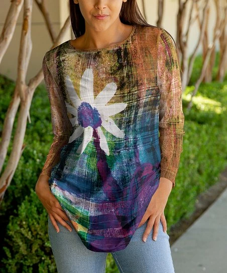 Lily | Gold & Purple Floral Plaid Long-Sleeve Tunic - Women 1 Lily | Gold & Purple Floral Plaid Long-Sleeve Tunic - Women