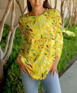 Lily | Yellow & Green Foliage Three-Quarter Sleeve Tunic - Women & Plus