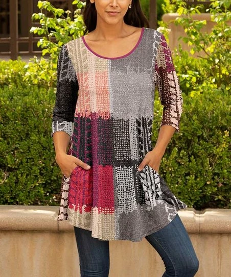 Lily | Gray & Pink Abstract Pocket Long-Sleeve Scoop Neck Tunic - Women & Plus 1 Lily | Gray & Pink Abstract Pocket Long-Sleeve Scoop Neck Tunic - Women & Plus