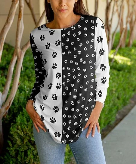 Lily | Black & White Paw Print Three-Quarter Sleeve Tunic - Women & Plus 1 Lily | Black & White Paw Print Three-Quarter Sleeve Tunic - Women & Plus