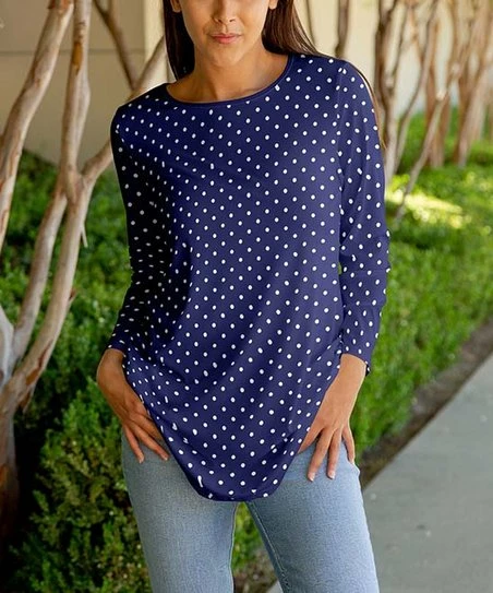 Lily | Navy & White Polka Dot Three-Quarter Sleeve Tunic - Women & Plus 1 Lily | Navy & White Polka Dot Three-Quarter Sleeve Tunic - Women & Plus
