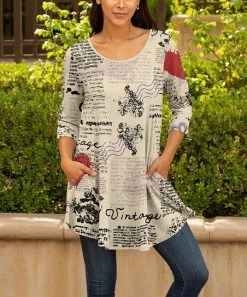 Lily | Cream & Red 'Vintage' Newspaper-Style Pocket Long-Sleeve Scoop Neck Tunic - Women & Plus