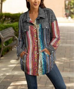 Lily | Gray & Red Abstract Stripe Pocket Button-Up Shacket - Women & Plus