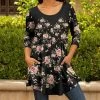 Lily | Black & Pink Floral Pocket Long-Sleeve Scoop Neck Tunic - Women & Plus