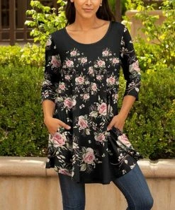 Lily | Black & Pink Floral Pocket Long-Sleeve Scoop Neck Tunic - Women & Plus