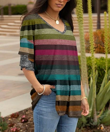 Lily | Heather Gray & Pink Stripe Ruffle-Sleeve V-Neck Tunic - Women & Plus 1 Lily | Heather Gray & Pink Stripe Ruffle-Sleeve V-Neck Tunic - Women & Plus