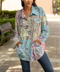 Lily | Blue & Pink Paisley Floral Pocket Button-Up Shacket - Plus
