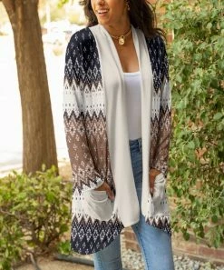 Lily | Navy & Cream Geometric Pocket Open Cardigan - Women & Plus