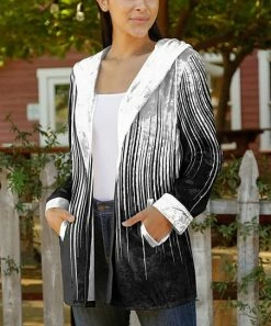 Lily | Black & White Abstract Pocket Hooded Open Cardigan - Women