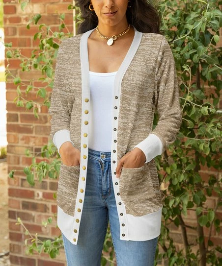 Lily | Tan & White Snap-Button Pocket Open Cardigan - Women 1 Lily | Tan & White Snap-Button Pocket Open Cardigan - Women