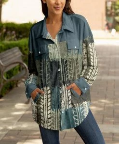 Lily | Gray & Blue Patchwork Collared Pocket Shacket - Women