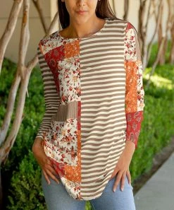 Lily | Rust & Mocha Stripe Floral-Accent Long-Sleeve Tunic - Plus