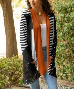 Lily | Black & Rust Stripe Pocket Open Cardigan - Plus